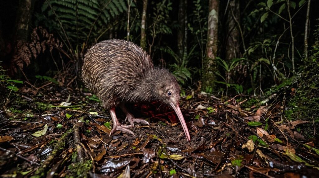 A kiwi searching for food on the forest floor with its long beak
